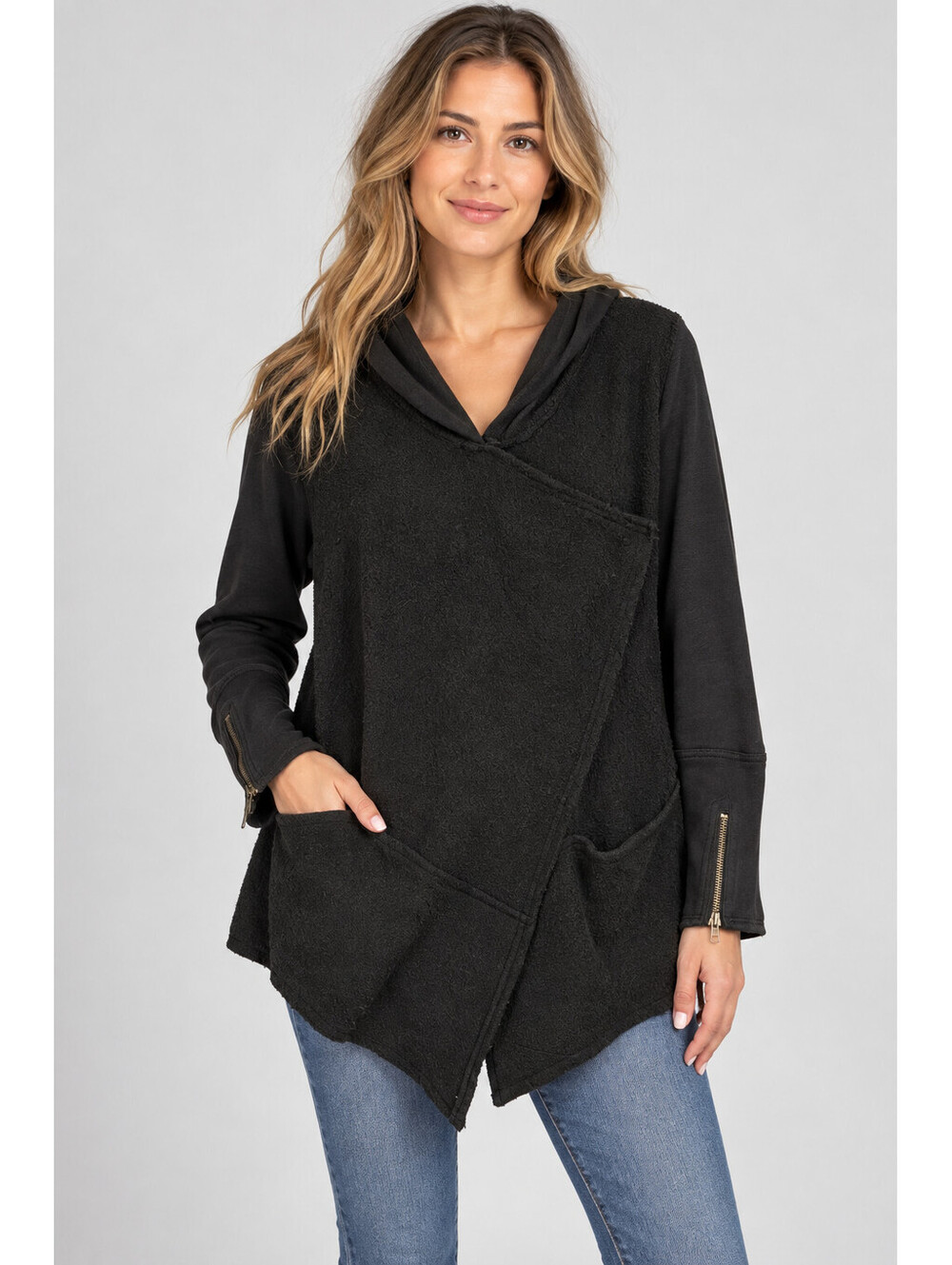 Free People Women XS Black Asymmetrical Wrap Hooded Cardigan Jacket Zip Cuffs